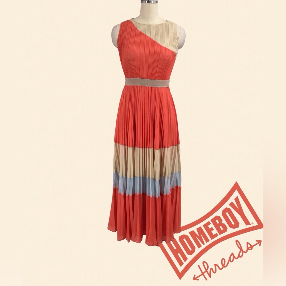 BCBGMaxazria Red and Cream Asymmetrical One Shoulder Midi Dress